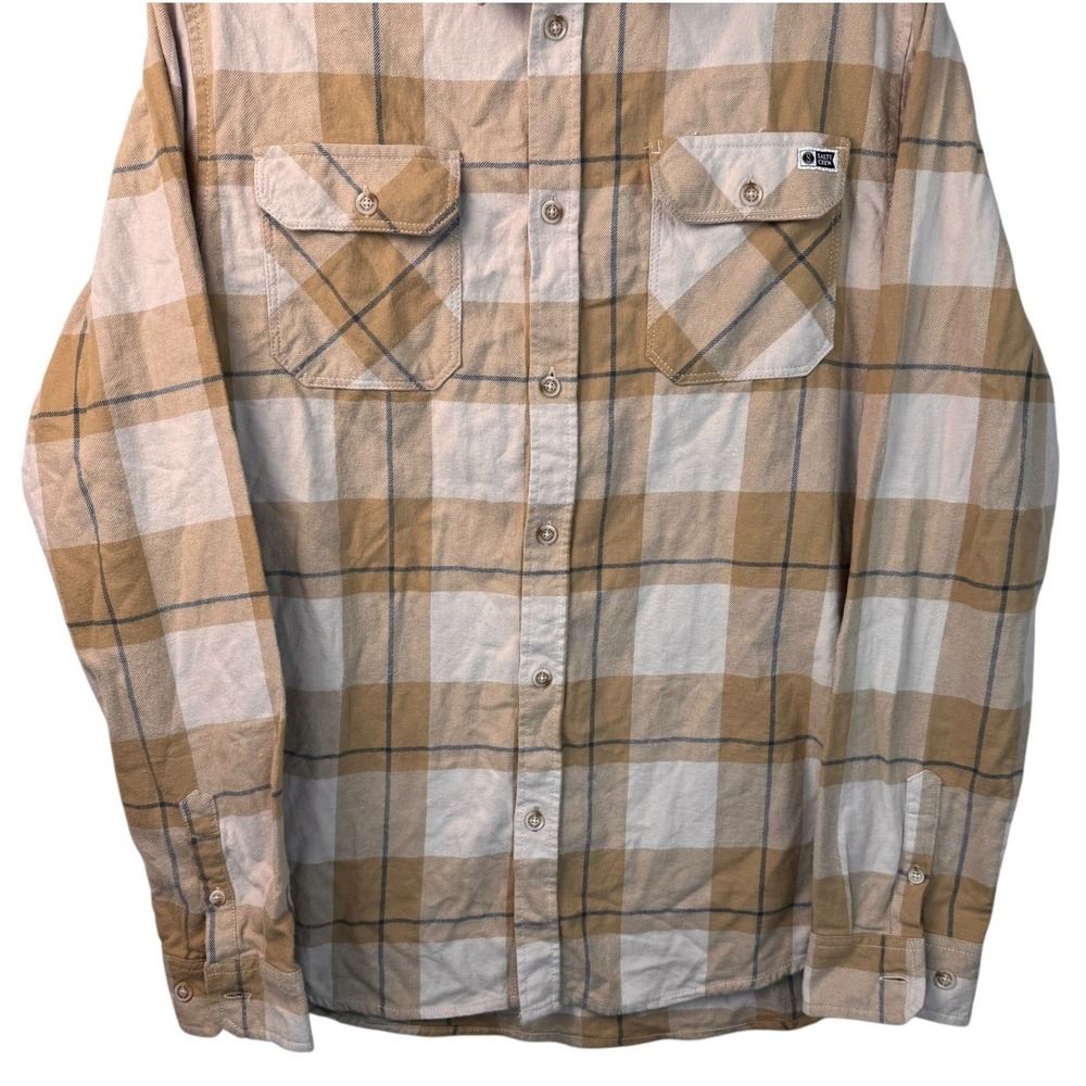 Salty Crew Mens Button Up Shirt L Large Flannel Plaid Beige Long Sleeve - Picture 4 of 13